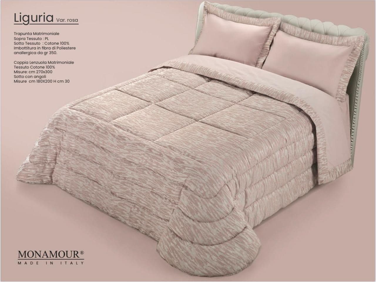 Trapunta matrimoniale invernale Mon Amour art. Liguria Sopra tessuto: PL Sotto tessuto: cotone 100% imbottitura in fibra di