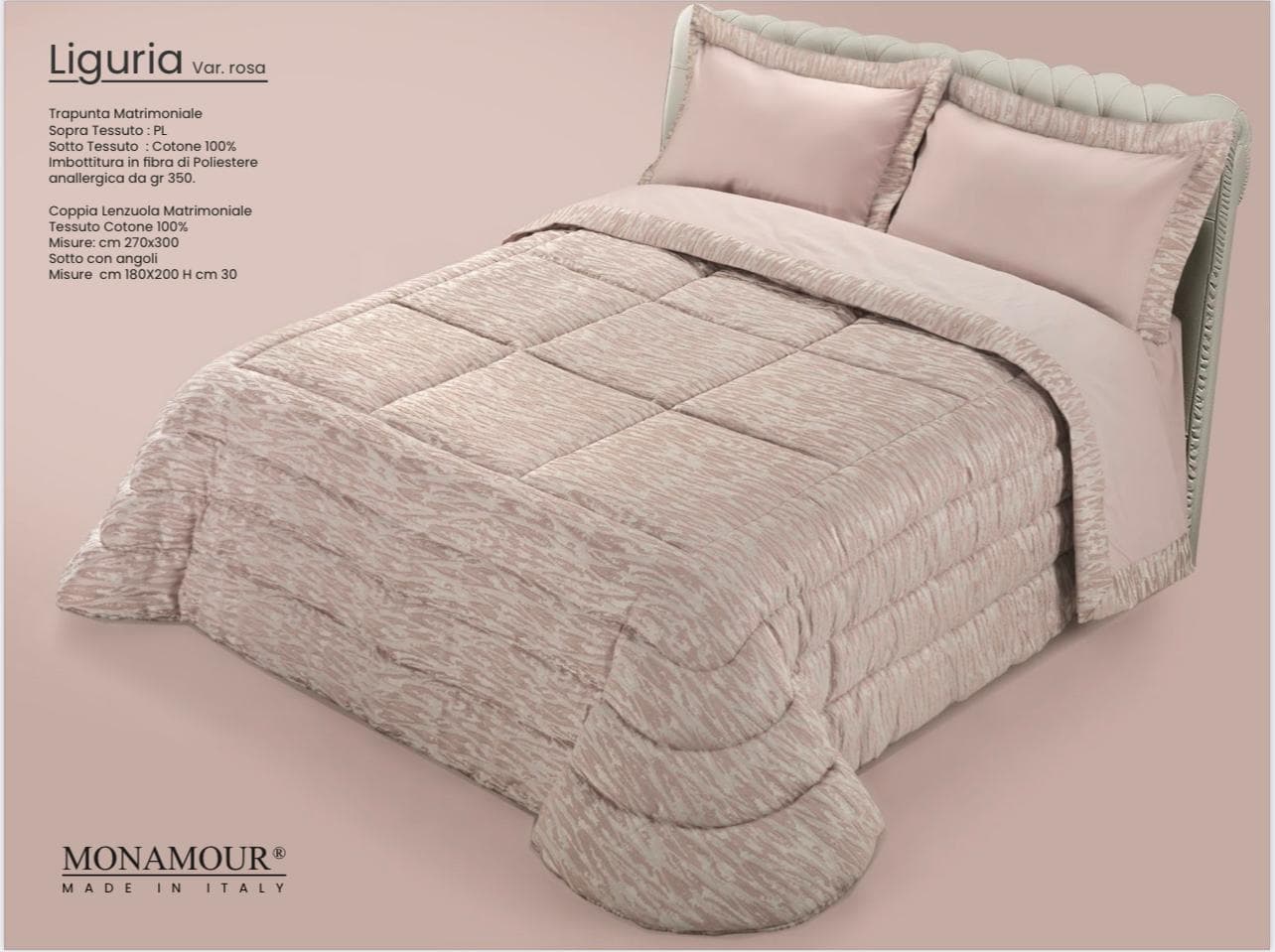 Trapunta matrimoniale invernale Mon Amour art. Liguria Sopra tessuto: PL Sotto tessuto: cotone 100% imbottitura in fibra di poliestere anallergica da gr.350 - 12