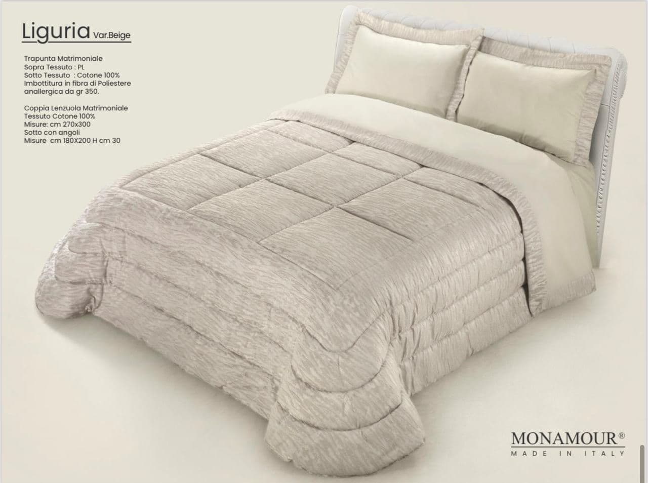 Trapunta matrimoniale invernale Mon Amour art. Liguria Sopra tessuto: PL Sotto tessuto: cotone 100% imbottitura in fibra di poliestere anallergica da gr.350 - 9