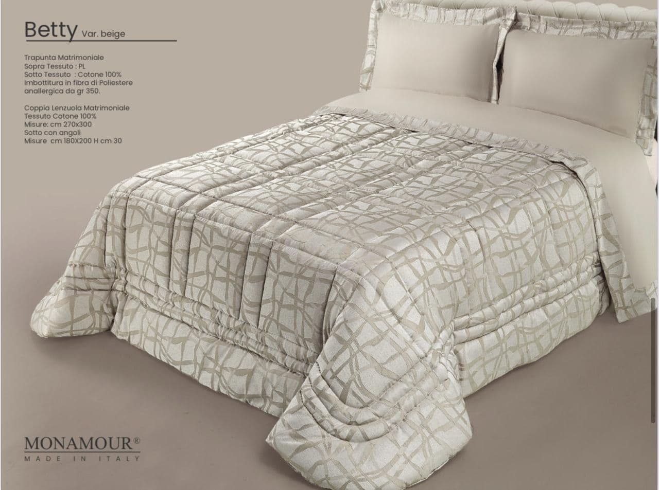Trapunta matrimoniale invernale Mon Amour art. Betty Sopra tessuto: PL Sotto tessuto: cotone 100% imbottitura in fibra di