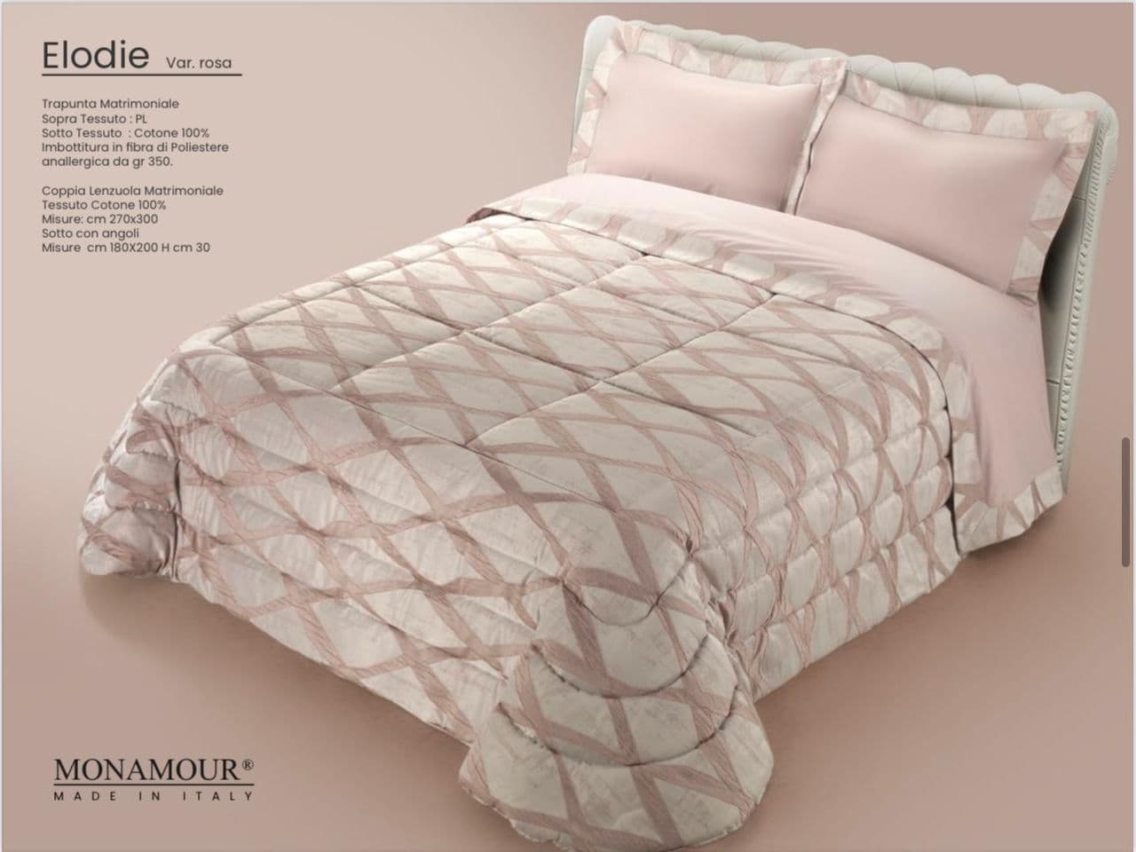 Trapunta matrimoniale invernale Mon Amour art. Elodie Sopra tessuto: PL Sotto tessuto: cotone 100% imbottitura in fibra di