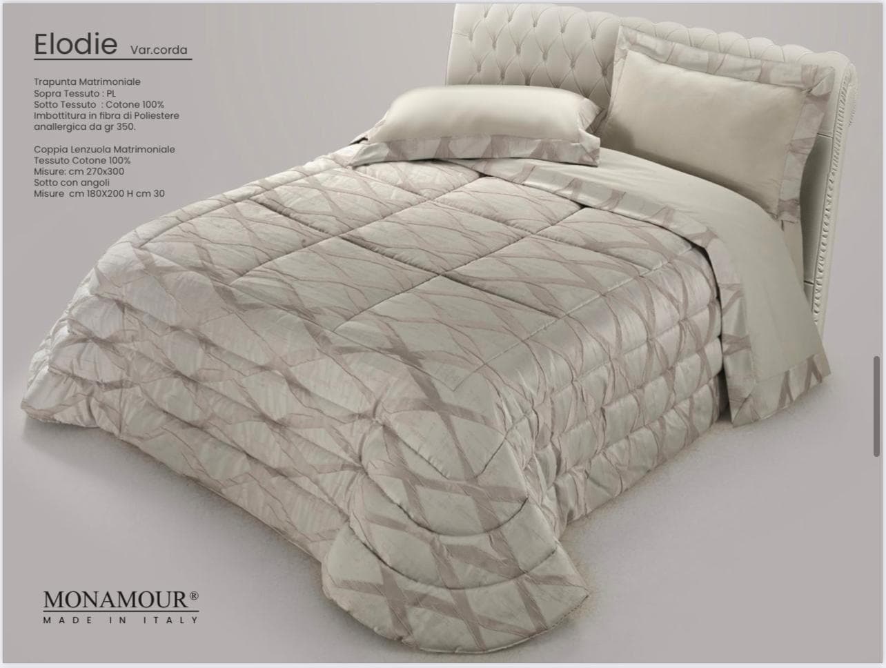 Trapunta matrimoniale invernale Mon Amour art. Elodie Sopra tessuto: PL Sotto tessuto: cotone 100% imbottitura in fibra di poliestere anallergica da gr.350 - 7