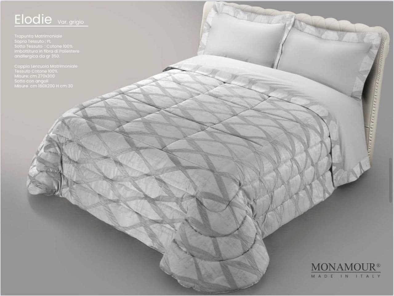 Trapunta matrimoniale invernale Mon Amour art. Elodie Sopra tessuto: PL Sotto tessuto: cotone 100% imbottitura in fibra di