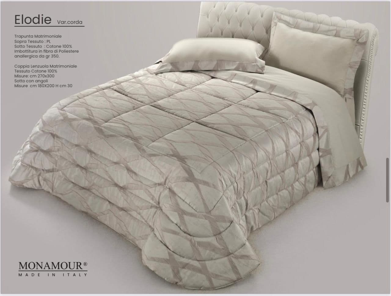 Trapunta matrimoniale invernale Mon Amour art. Elodie Sopra tessuto: PL Sotto tessuto: cotone 100% imbottitura in fibra di