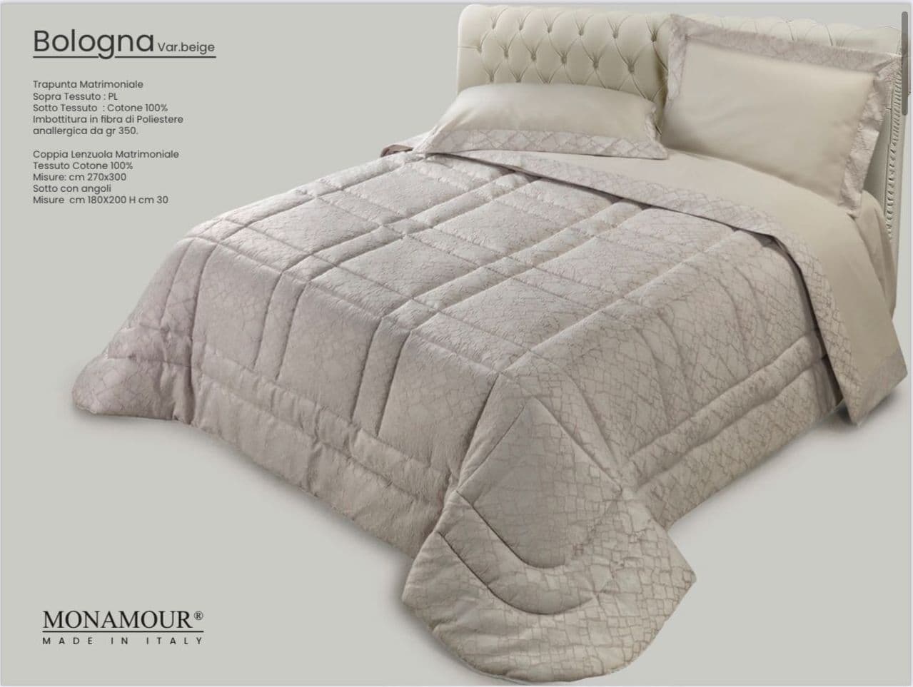 Trapunta matrimoniale invernale Mon Amour art. Bologna Sopra tessuto: PL Sotto tessuto: cotone 100% imbottitura in fibra di poliestere anallergica da gr.350 - 9