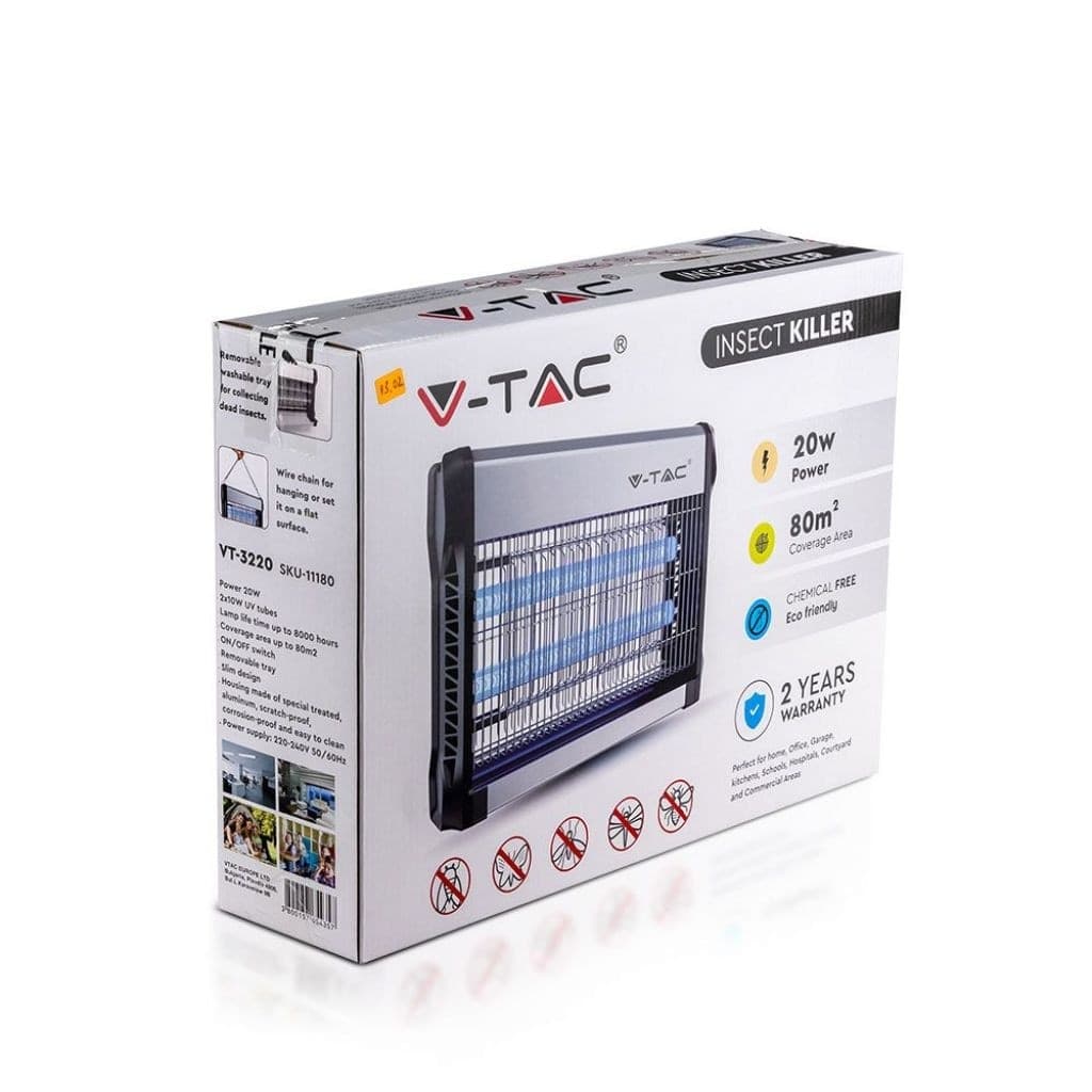 V-TAC VT-3220 ZANZARIERA ELETTRICA INSECT KILLER LAMPADA UV 20W LUCE BLU ATTIRA ED ELIMINA INSETTI - SKU 11180 - 2