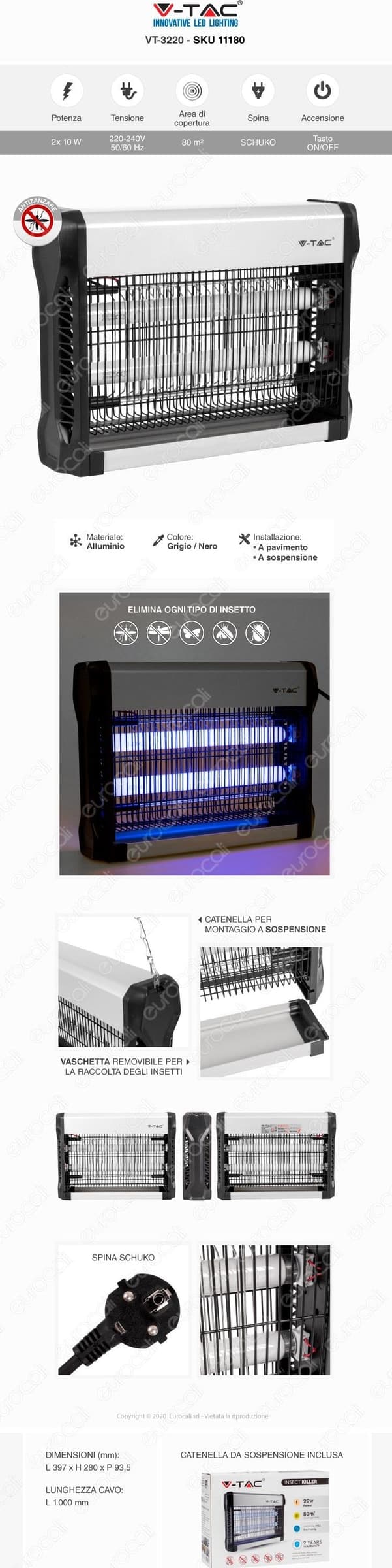 V-TAC VT-3220 ZANZARIERA ELETTRICA INSECT KILLER LAMPADA UV 20W LUCE BLU ATTIRA ED ELIMINA INSETTI - SKU 11180 - 9