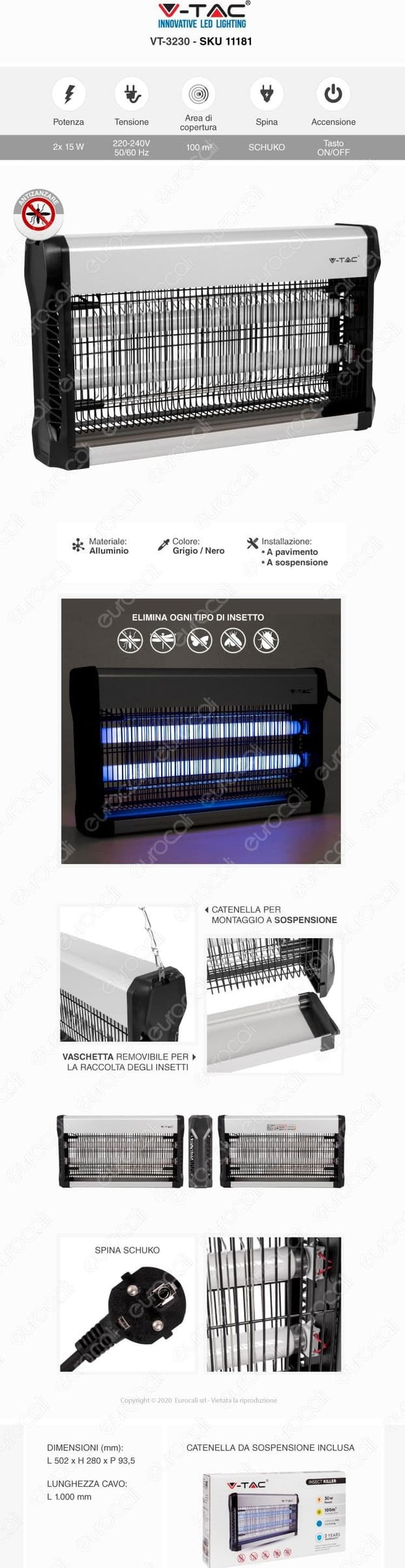 V-TAC VT-3230 ZANZARIERA ELETTRICA INSECT KILLER LAMPADA UV 30W LUCE BLU ATTIRA ED ELIMINA INSETTI - SKU 11181 - 8