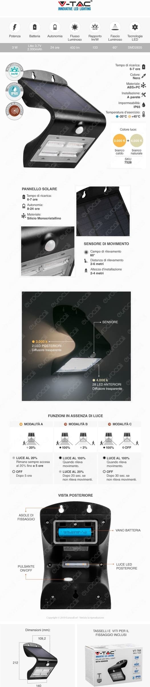 V-TAC VT-768 LAMPADA DA MURO LED 3W CON PANNELLO SOLARE E SENSORE CREPUSCOLARE E MOVIMENTO - SKU 7528 - 12