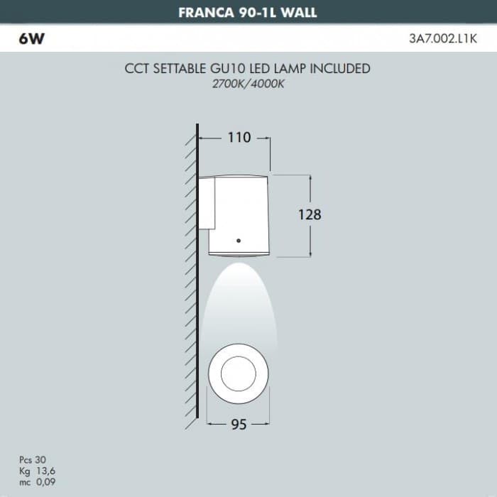 LAMPADA LED DA MURO FUMAGALLI FRANCA 90 WALL NERO GU10 6W CCT 2700/4000K | 3A7002000LXL1K - 2