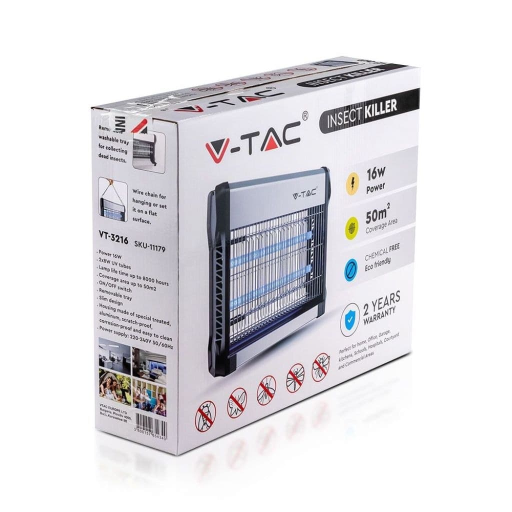V-TAC VT-3216 ZANZARIERA ELETTRICA INSECT KILLER LAMPADA UV 16W LUCE BLU ATTIRA ED ELIMINA INSETTI - SKU 11179 - 2