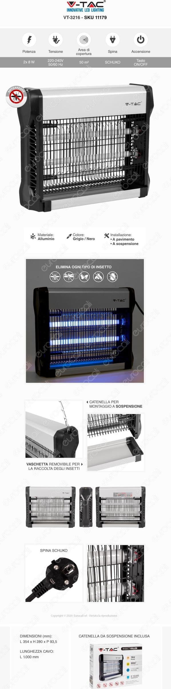V-TAC VT-3216 ZANZARIERA ELETTRICA INSECT KILLER LAMPADA UV 16W LUCE BLU ATTIRA ED ELIMINA INSETTI - SKU 11179 - 8