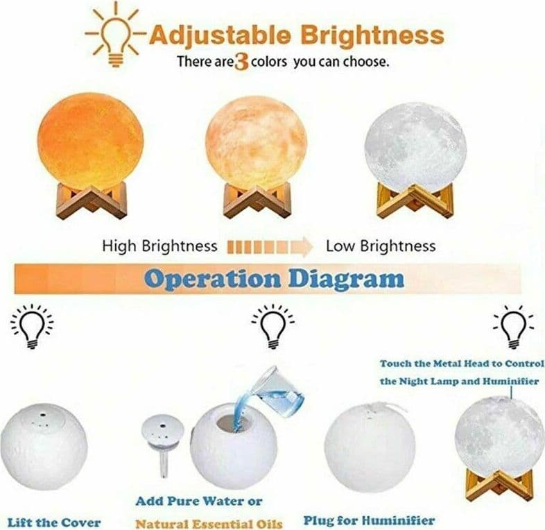 3D Moon Lampada Notturna Luce Umidificatore Aria Aroma Diffusore ambiente purificato - 6