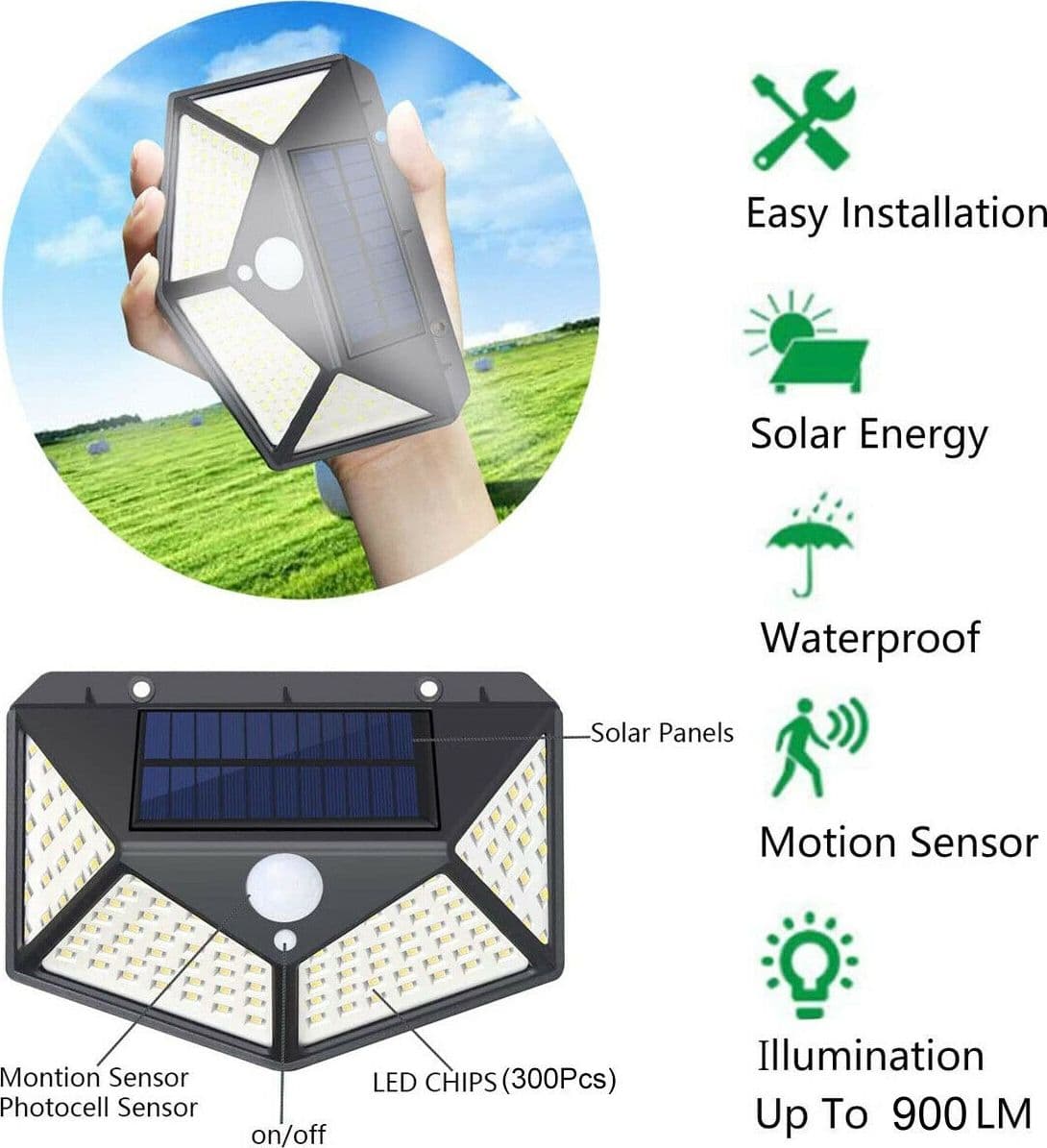 Faretto Solare 300 LED Lampada Luce Fredda CON SENSORE DI MOVIMENTO 900lm IP65 hs-8010C - 8