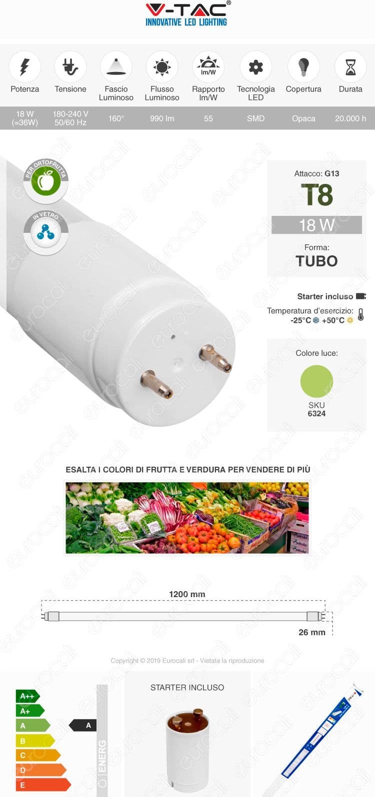 V-TAC VT-1228 SMD 220v TUBO LED in VETRO T8 G13 18W LAMPADINA 120CM PER ORTOFRUTTA 990lm - 2