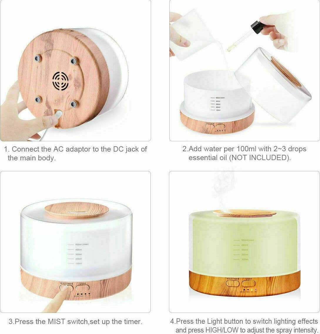 DIFFUSORE DI AROMI UMIDIFICATORE AROMATERAPIA 500ML OLI ESSENZIALI TELECOMANDO - 4