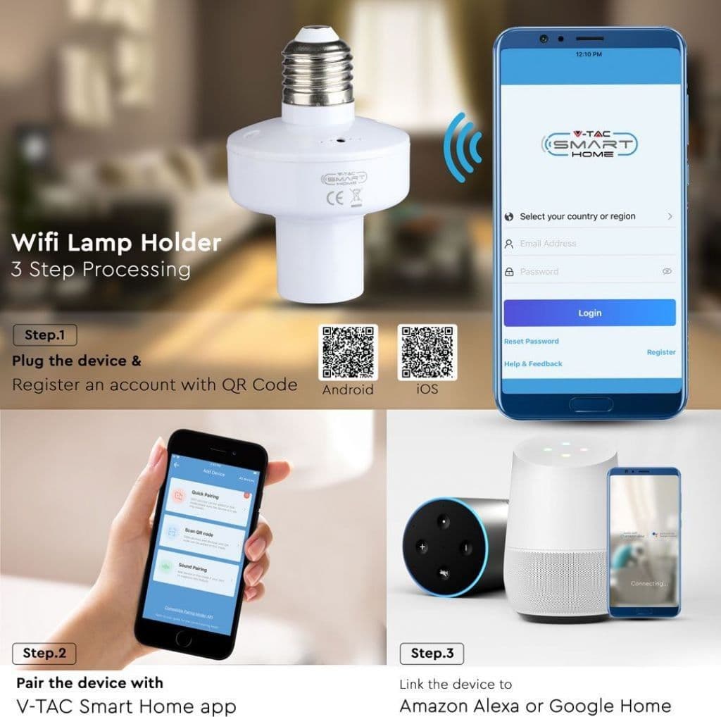 V-Tac Smart VT-5007 Portalampada per Lampadine E27 Wi-Fi Colore Bianco - SKU 8421 - 6