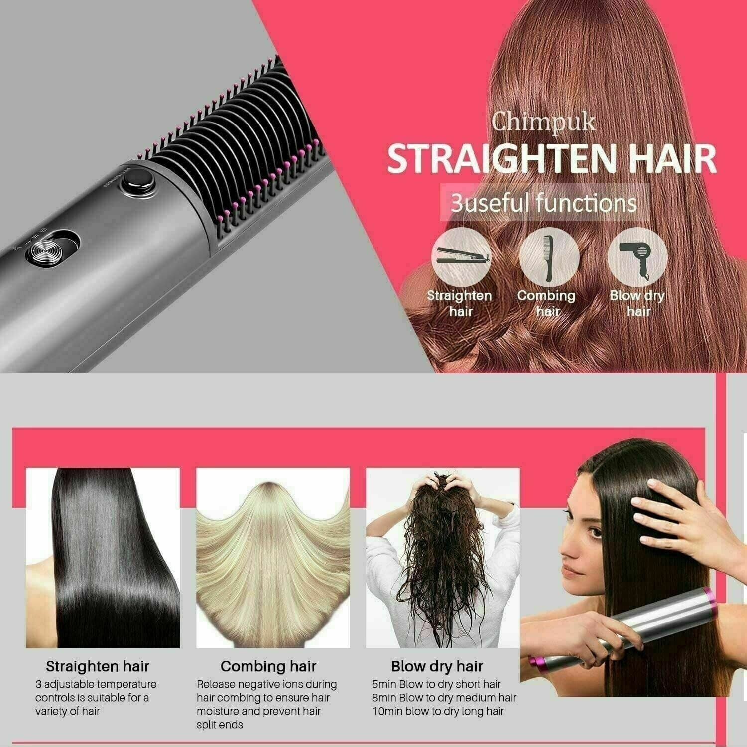 Piastra per Capelli Spazzola Lisciante 3in1 elettrica, volumizzante 3 velocità - 5