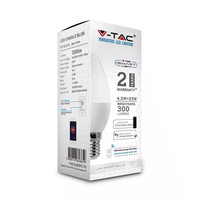 V-TAC SMART VT-5114 LAMPADINA LED WI-FI E14 4,5W CANDELA RGB+W 4IN1 DIMMERABILE - SKU 2754 - 4