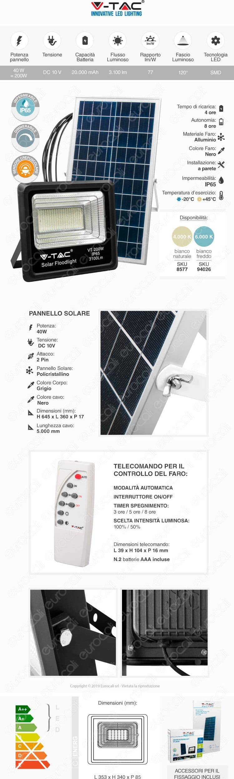 V-TAC VT-200W FARO LED 40W A BATTERIA CON PANNELLO SOLARE E TELECOMANDO Luce Bianco Fredda / Naturale - 5