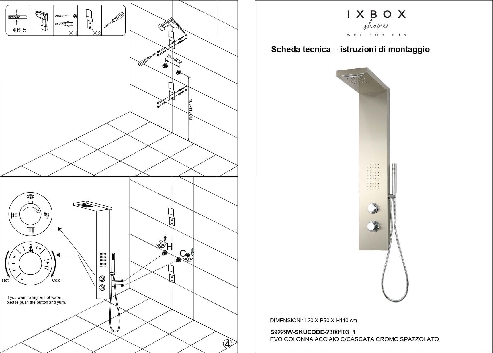 Colonna Doccia Attrezzata Fresh in Acciaio Inox Con Cascata  Bagno H115xL20xP50 - 6