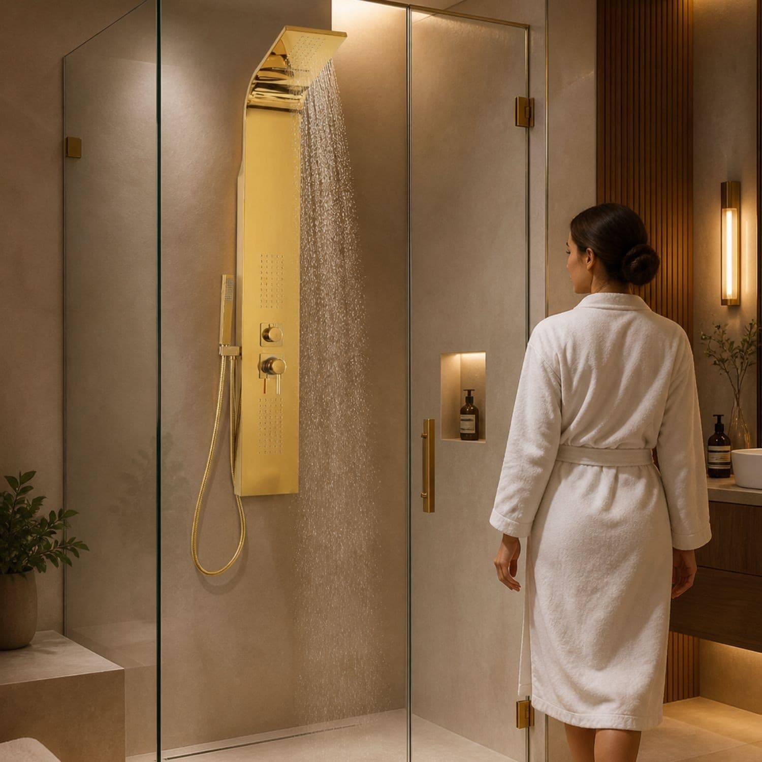 Colonna Doccia Attrezzata Flower Oro in Acciaio Gold Con Cascata H150xL20xP44 - 4