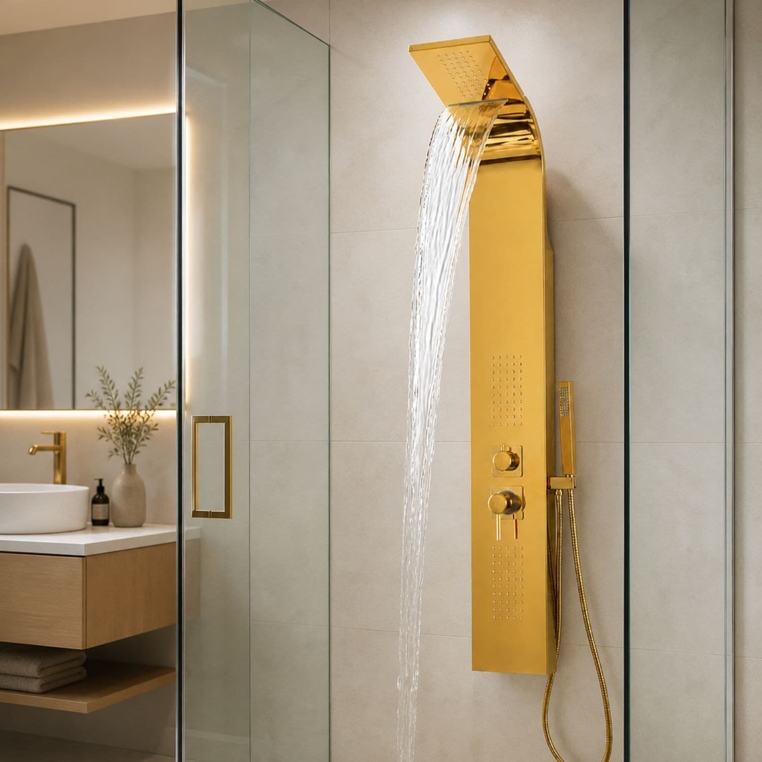 Colonna Doccia Attrezzata Flower Oro in Acciaio Gold Con Cascata H150xL20xP44 - 5