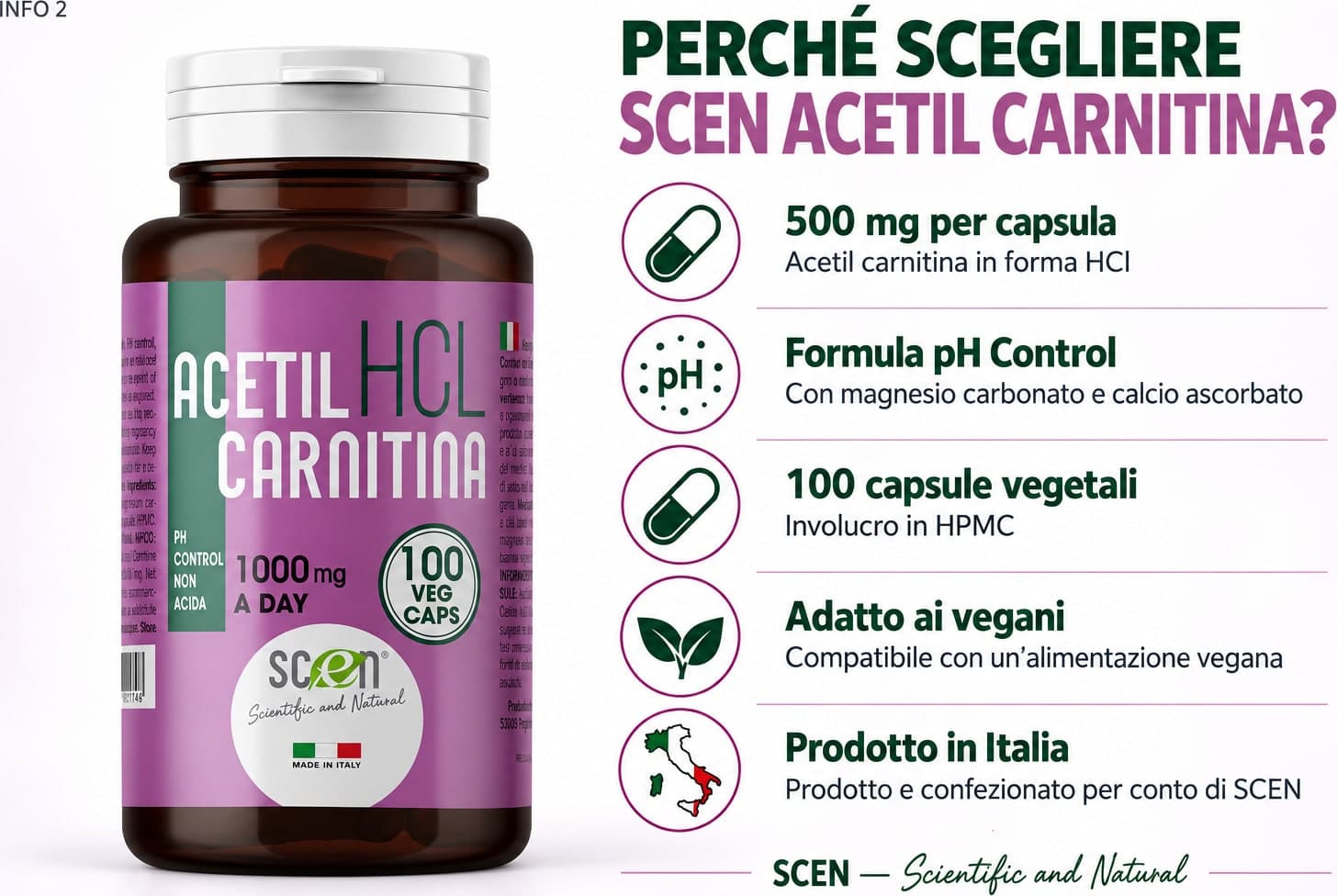 SCEN ACETILCARNITINA - HCL - 100 vegi-caps. da 500 mg. adatto anche a VEGANI - 2