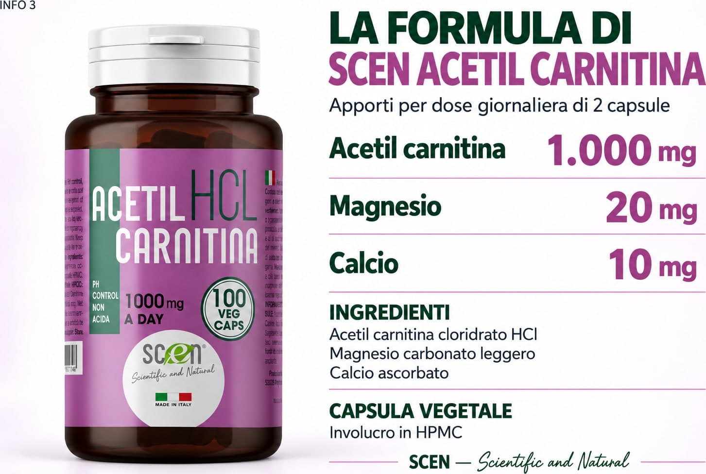 SCEN ACETILCARNITINA - HCL - 100 vegi-caps. da 500 mg. adatto anche a VEGANI - 3