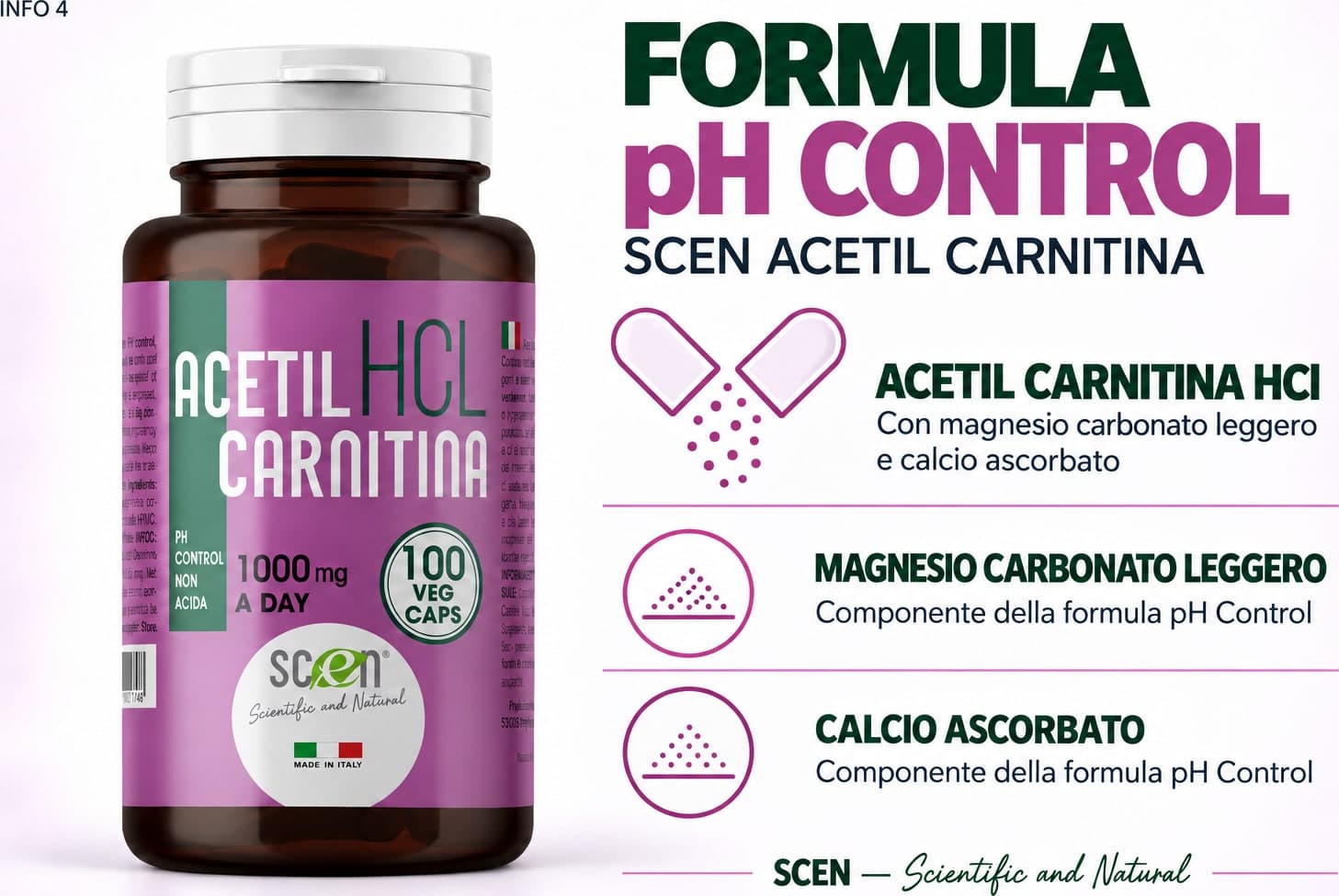 SCEN ACETILCARNITINA - HCL - 100 vegi-caps. da 500 mg. adatto anche a VEGANI - 4