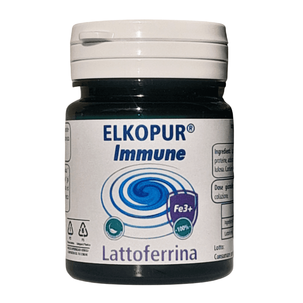 Elkopur Immune Lattoferrina pura, capsule da 500 mg. contenenti 200 mg. di Lattoferrina titolata 95%. NON utilizza caglio animale - vegetarian ok | Rinforza il sistema immunitario | Antiossidante, prodotto in Italia