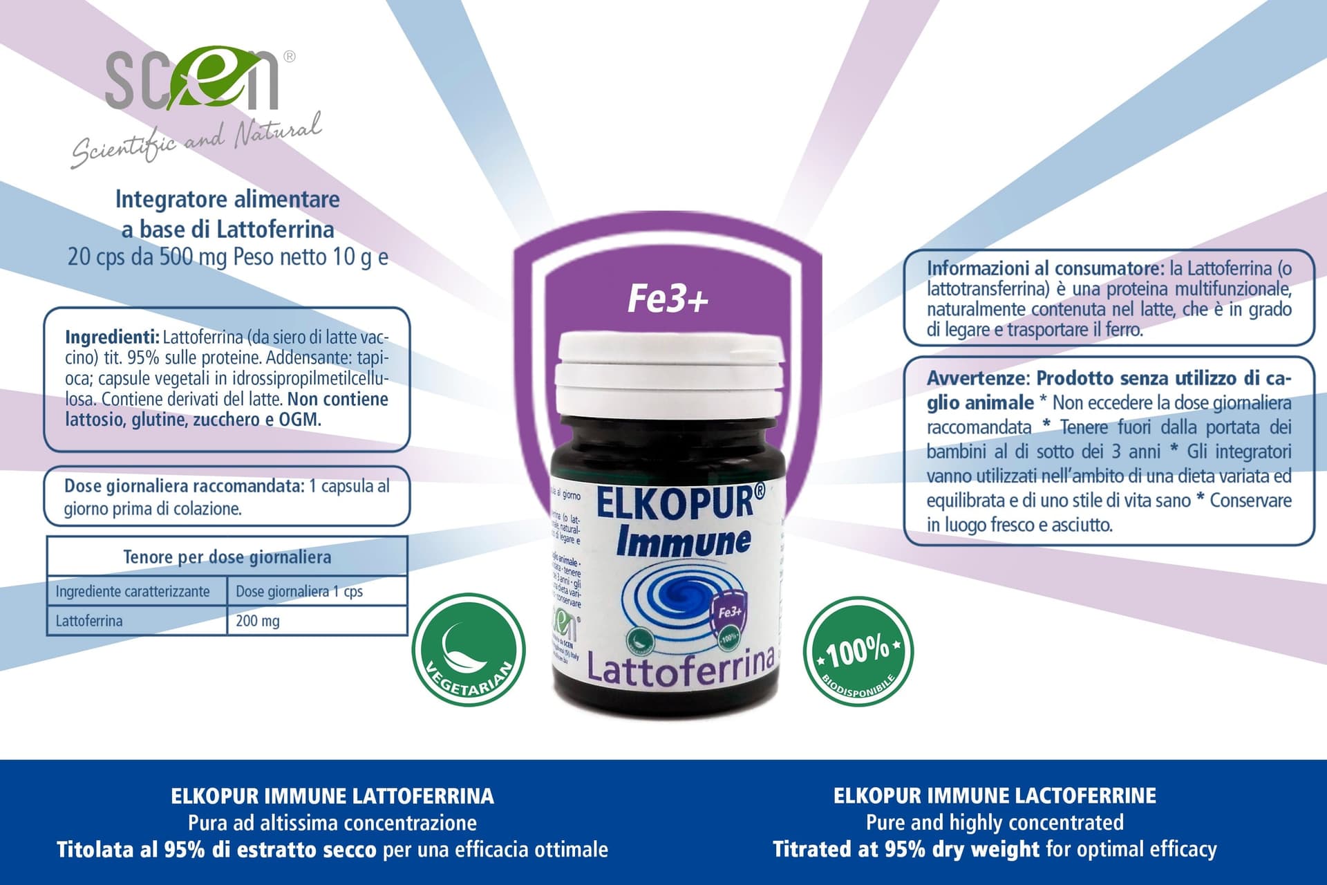 Elkopur Immune Lattoferrina pura, capsule da 500 mg. contenenti 200 mg. di Lattoferrina titolata 95%. NON utilizza caglio animale - vegetarian ok | Rinforza il sistema immunitario | Antiossidante, prodotto in Italia - 4