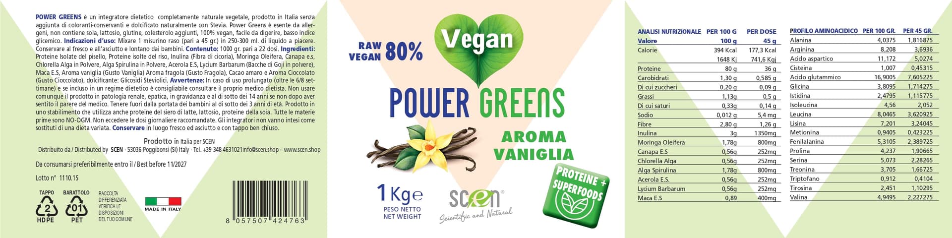 Power Greens - proteine vegetali + Superfoods - Gusto vaniglia - 1000 gr. - 3