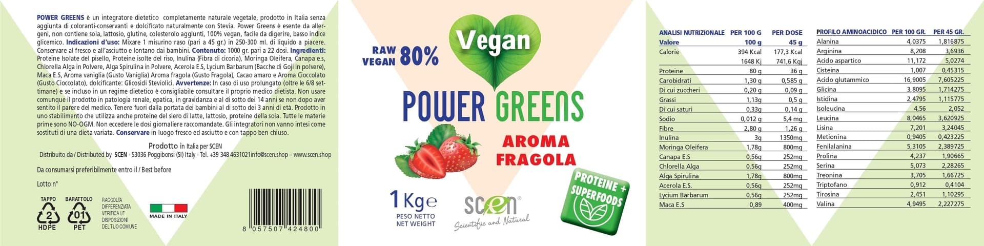 Power Greens - proteine vegetali + Superfoods - Gusto fragola - 1000 gr. - 2