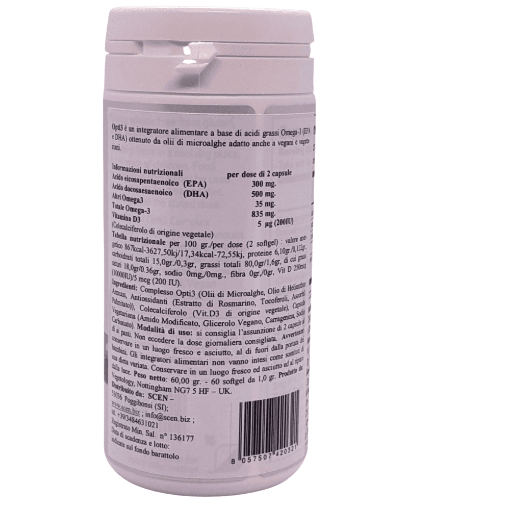 Opti3 Omega3 da alghe vegetali, vegan, senza retrogusto, 300mg EPA, 500mg DHA e 200 UI di Vitamina D3, 60 cps, - 2