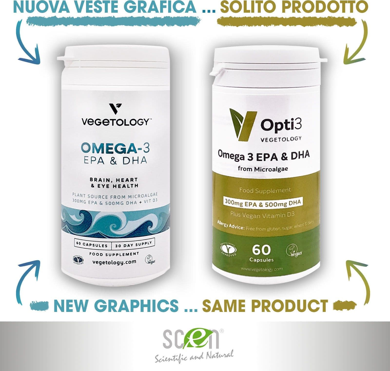 Opti3 Omega3 da alghe vegetali, vegan, senza retrogusto, 300mg EPA, 500mg DHA e 200 UI di Vitamina D3, 60 cps, - 3