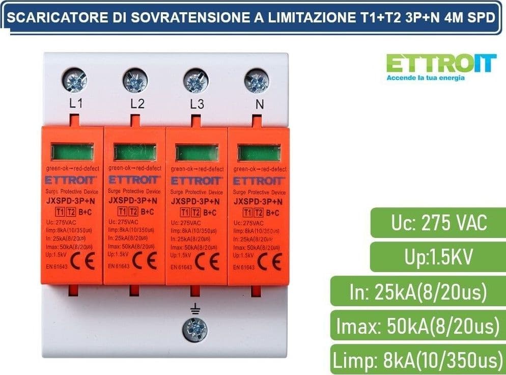 SCARICATORE LIMITATORE DI SOVRATENSIONE 4 MODULI TIPO T1+T2 3P+N 25KA-50KA SPD - 2