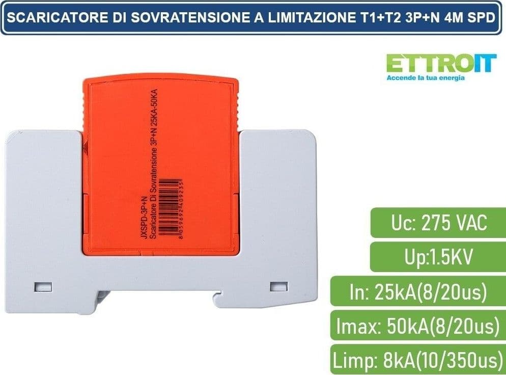 SCARICATORE LIMITATORE DI SOVRATENSIONE 4 MODULI TIPO T1+T2 3P+N 25KA-50KA SPD - 3