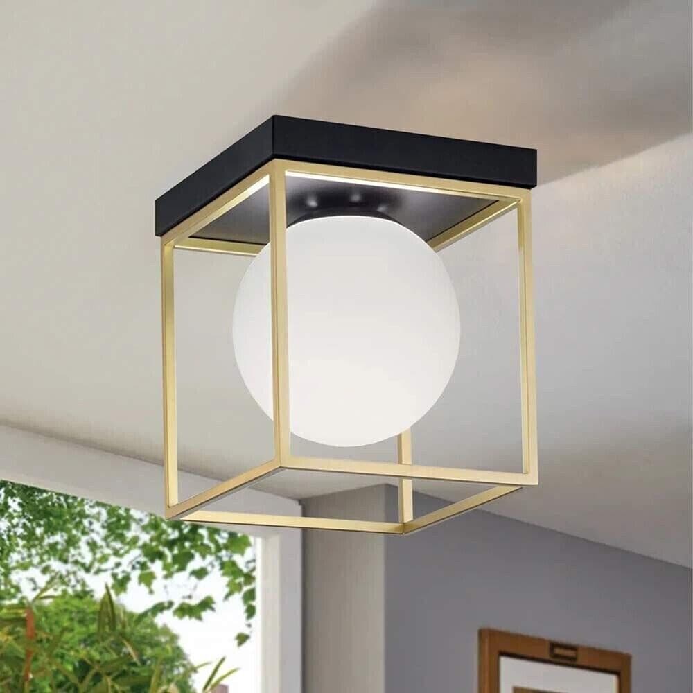 Plafoniera Da Soffitto Sfera In Vetro Bianco Lampadario Metallo Nero Bronzo G9 - 5