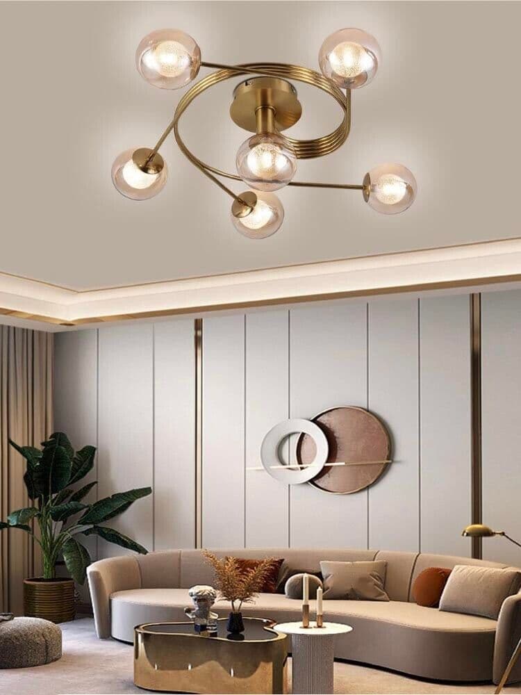 Plafoniera Da Soffitto 6 Sfere In Vetro Ambra Attacco G9 Lampadario Moderno - 4