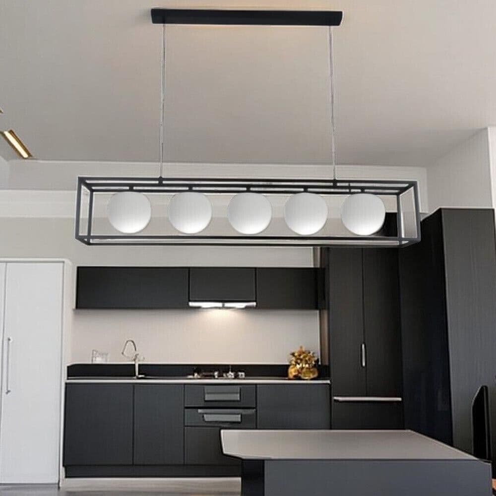 Lampadario A Sospensione 5 X Sfera In Vetro Bianco Moderno Metallo Nero B89 - 5