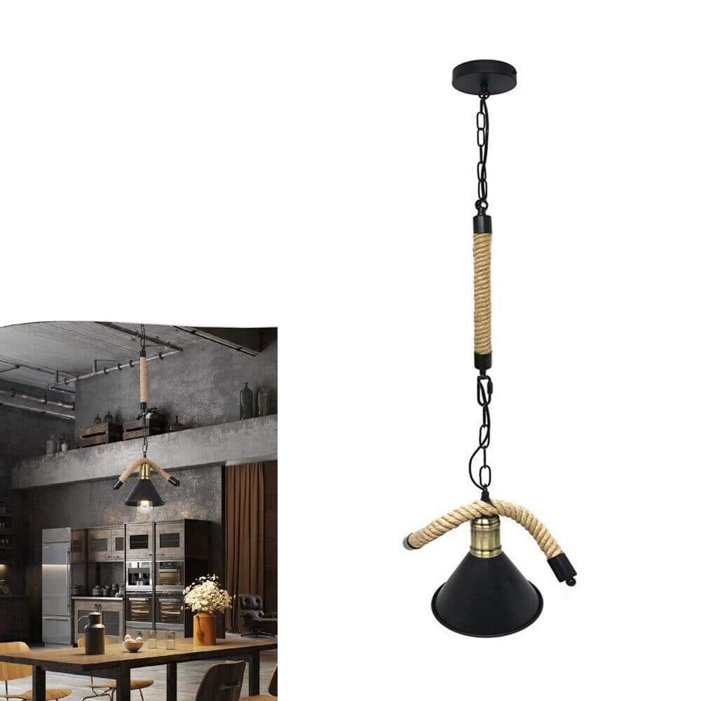 Lampadario Corda In Canapa Paralume Portalampada E27 Campana Stile Retr� - 5