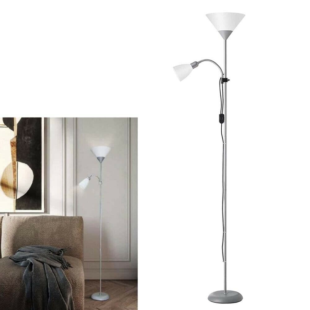 Piantana Lampada Da Terra 2 Porta Lampadina Attacco E27 Per Casa Ufficio Silver - 4