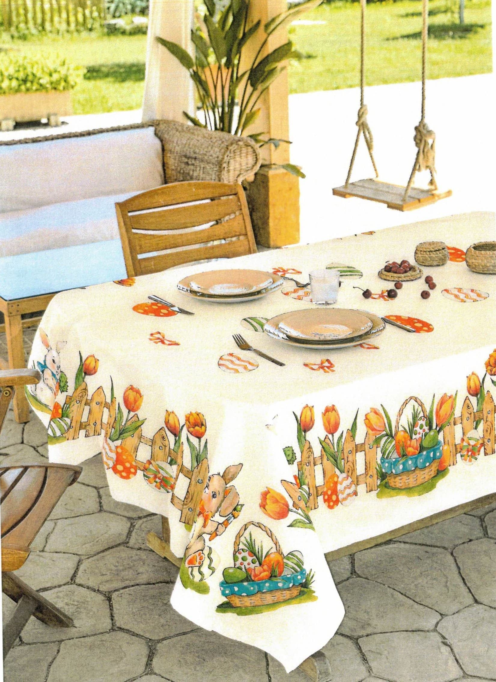 Tovaglia pasquale coniglietti 100% puro cotone - Mon amour – 18 Posti 140x360 Cm – outdoor