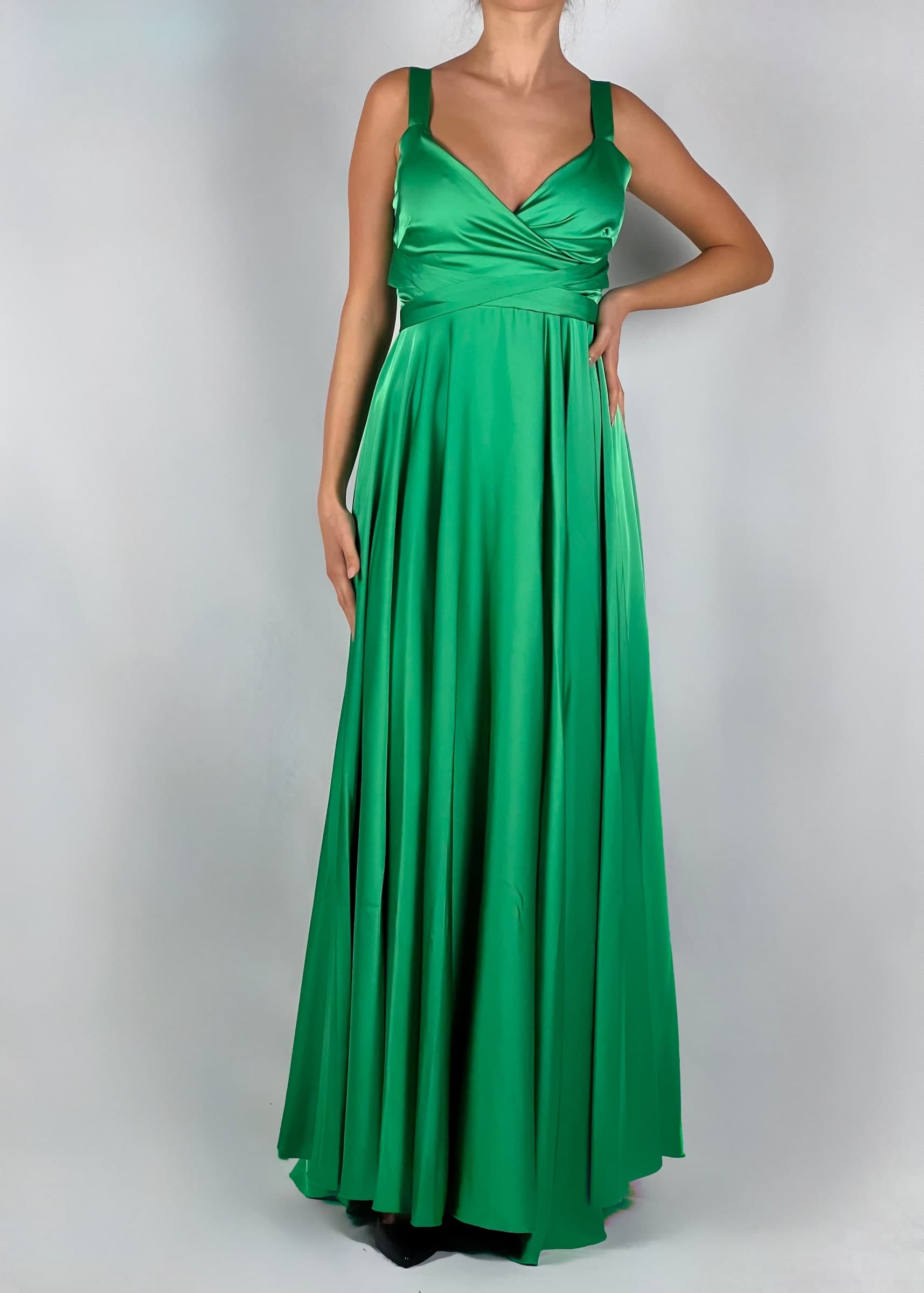 Dramée-Abito-In-Satin-Verde-Lungo-in-Seta-Donna