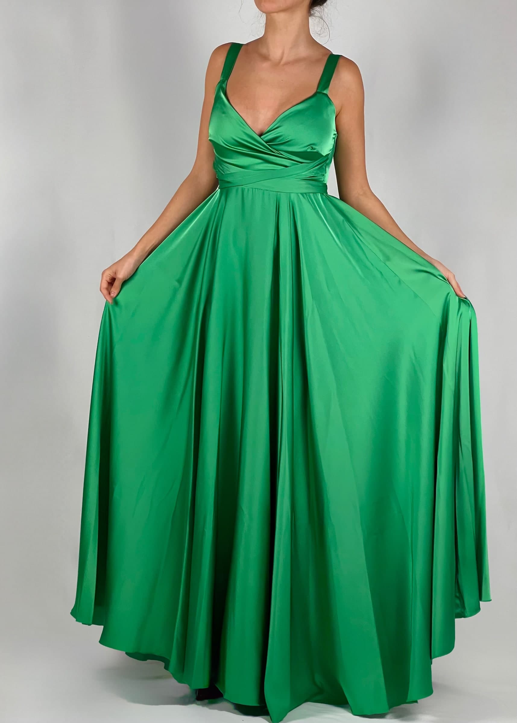 Dramée-Abito-In-Satin-Verde-Lungo-in-Seta-Donna