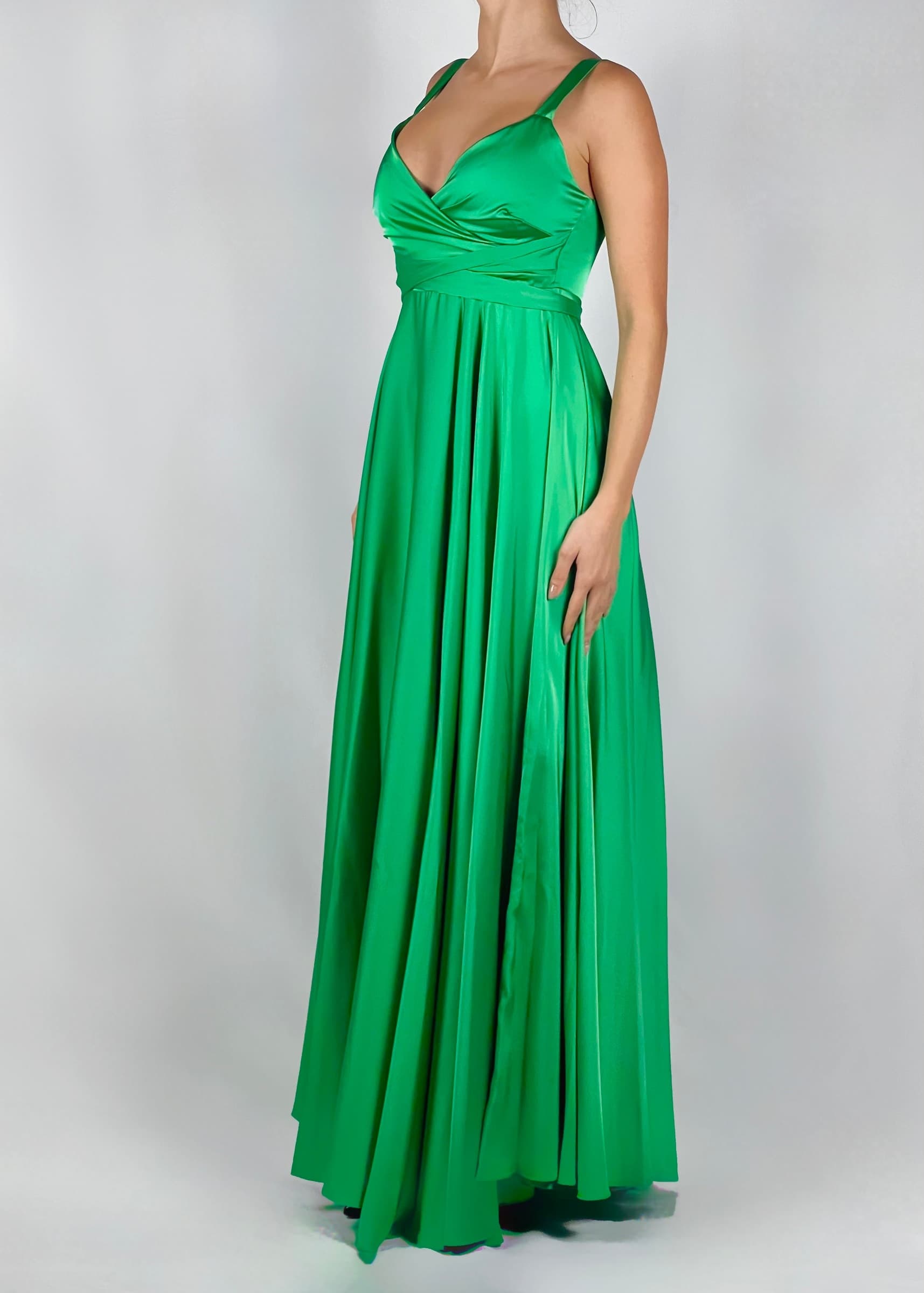 Dramée-Abito-In-Satin-Verde-Lungo-in-Seta-Donna