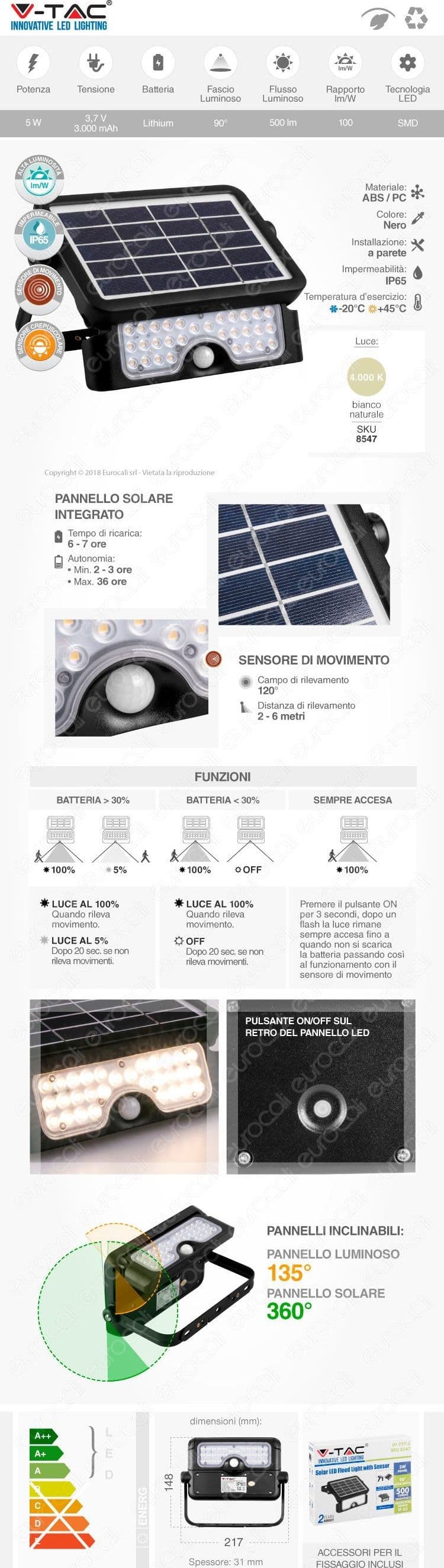 V-TAC VT-777-5 LAMPADA DA MURO LED 5W CON PANNELLO SOLARE E SENSORE COLORE NERO - SKU 8547 - 15
