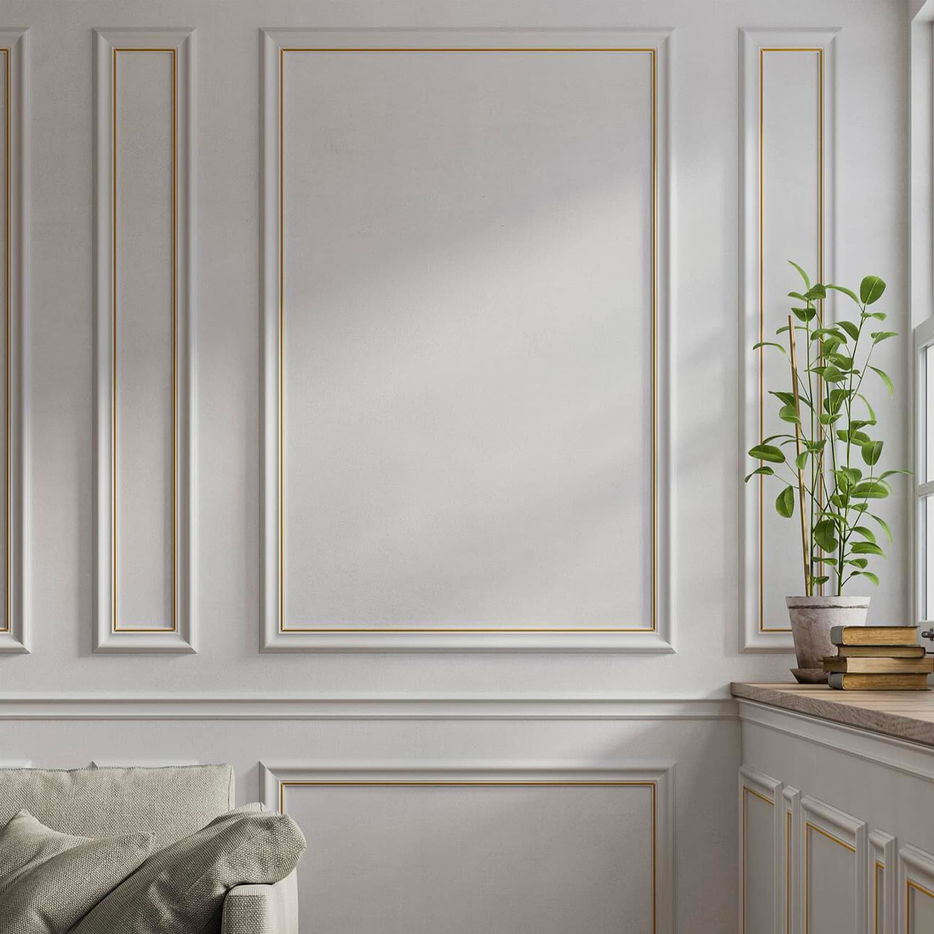 Cornice Bugna Preassemblata per Boiserie in polimeri linea GOLD (doppio filo oro) bianco Avorio 9010 varie dimensioni - Eternal Parquet