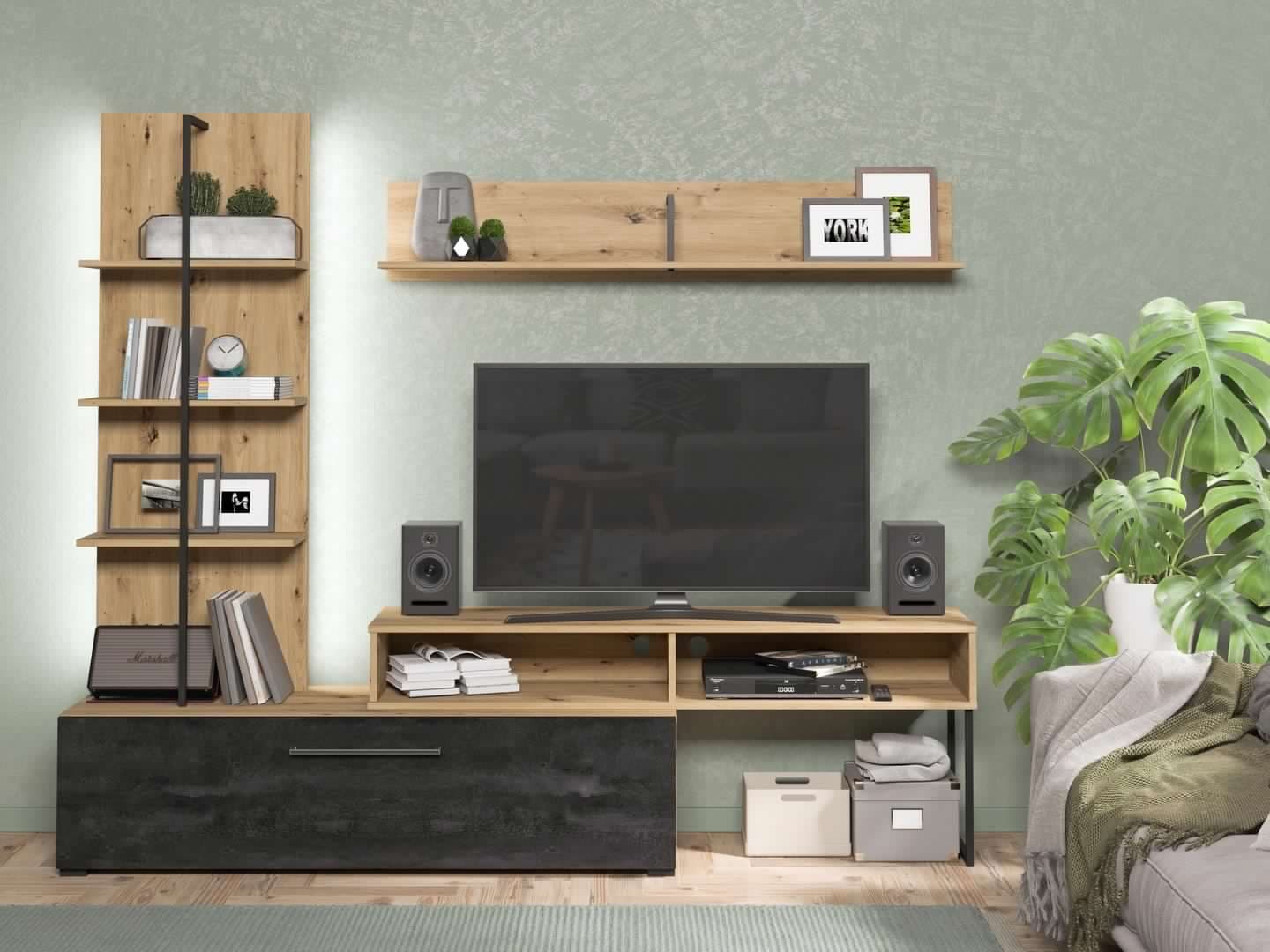 Parete da soggiorno "Emily", porta TV con mensole, color rovere antico e carbonio, 205,5 x 41,5 x 173 cm in Pareti attrezzate Decor Space - Altamura, commercioVirtuoso.it